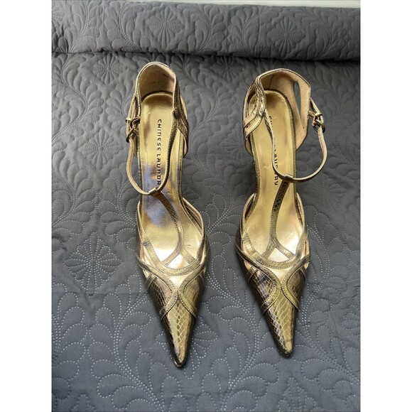 Chinese Laundry VEDA Pointed Toe T-Strap Bronze Gold Snakeskin Pumps SZ 9M Glam - Picture 1 of 13
